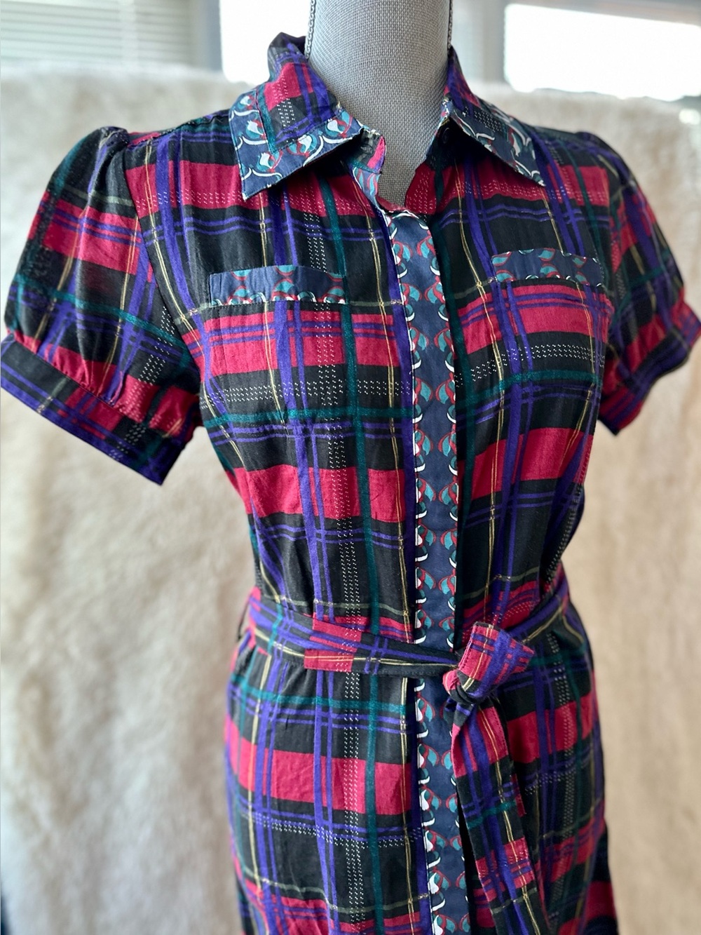 Plaid Belted Shirt Dress in Red and Black - Sz S - 100% Cotton